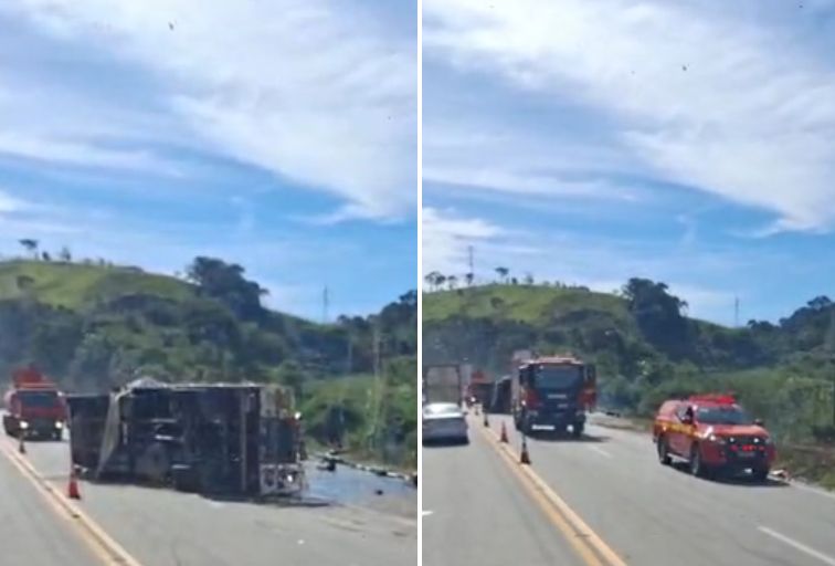 Carreta tomba, pega fogo e interdita a BR-040, em Juiz de Fora Carreta tomba, pega fogo e interdita a BR-040, em Juiz de Fora - Foto: Reprodução/Redes Sociais