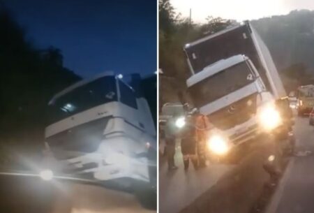 Carreta sobe em mureta e causa congestionamento na BR-381, em BH - Foto: Reprodução/Redes Sociais