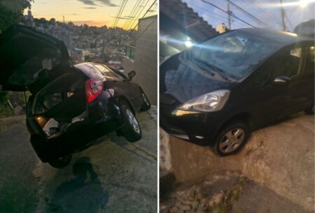 VÍDEO: Motorista perde controle em ladeira e carro fica pendurado em pedra em BH Motorista perde controle em ladeira e carro fica pendurado em pedra em BH - Foto: Divulgação/CBMMG