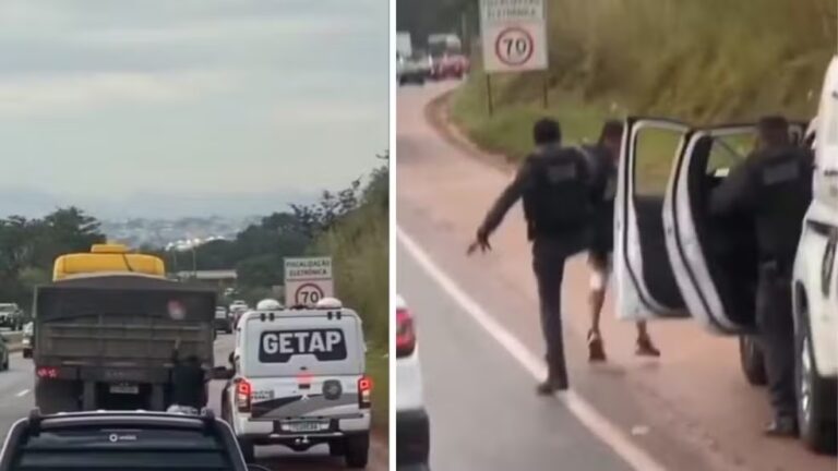 Vídeo flagra policial penal derrubando e chutando homem que pegava carona em carreta na BR-040 - Foto: Reprodução