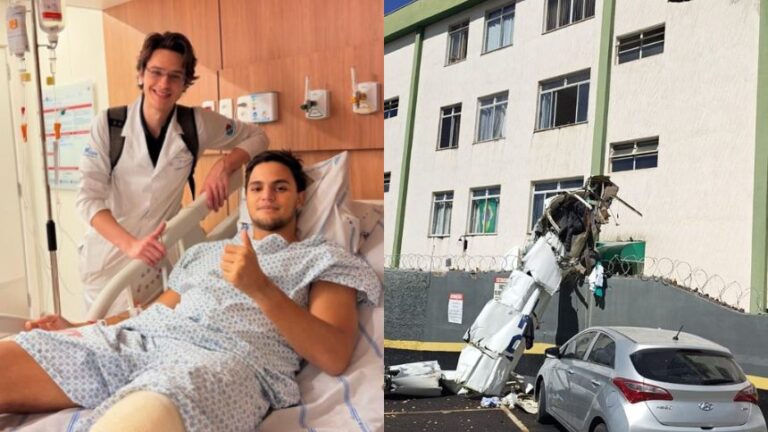 Sobrevivente da queda de avião em BH aparece nas redes e agradece apoio durante recuperação -Fotos: Reprodução/Redes Socias; Divulgação/Corpo de Bombeiros
