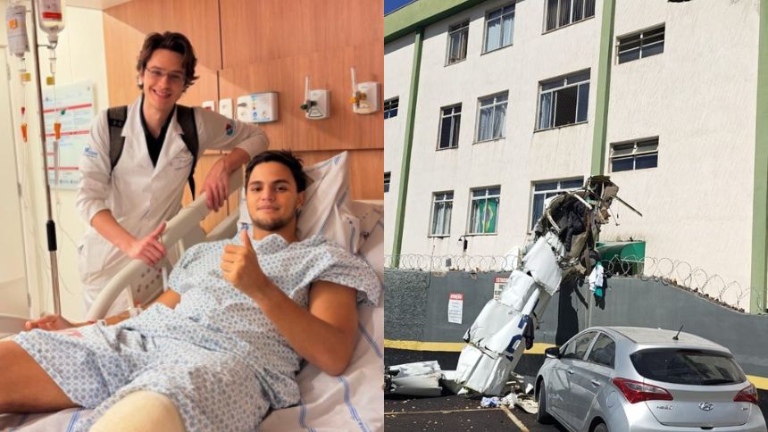Sobrevivente da queda de avião em BH aparece nas redes e agradece apoio durante recuperação -Fotos: Reprodução/Redes Socias; Divulgação/Corpo de Bombeiros