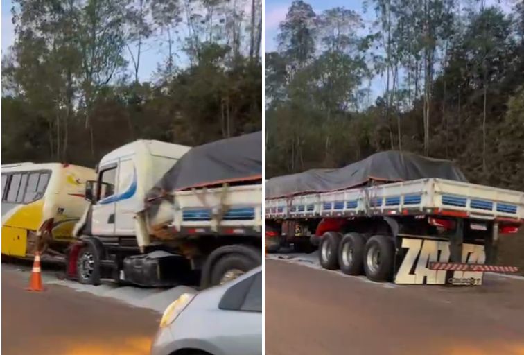 Acidente entre ônibus, carreta e caminhão deixa ferido e interdita a BR-040, em Nova Lima Acidente entre ônibus, carreta e caminhão deixa ferido e interdita a BR-040, em Nova Lima - Foto: Reprodução/Redes Sociais