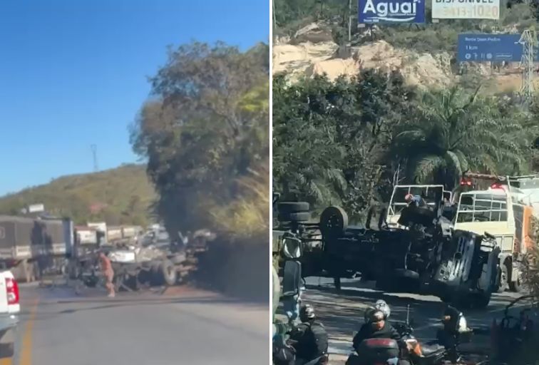 Acidente entre carro e caminhão deixa ferido e interdita trecho da BR-381, na Grande BH - Foto: Reprodução/Redes Sociais