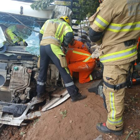 Carreta perde freios, bate em árvore e deixa motorista ferido em Pedro Leopoldo Carreta perde freios, bate em árvore e deixa motorista ferido em Pedro Leopoldo - Foto: Divulgação/CBMMG