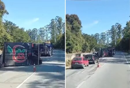Carreta carregada de carvão tomba e interdita trecho da Rodovia Fernão Dias, em Lavras Carreta carregada de carvão tomba e interdita trecho da Rodovia Fernão Dias, em Lavras - Foto: Reprodução/Redes Sociais