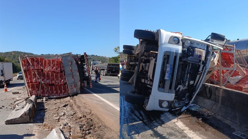 Motorista morre após caminhão carregado com galinhas tombar na BR-262, em Juatuba - Foto: Divulgação/Corpo de Bombeiros
