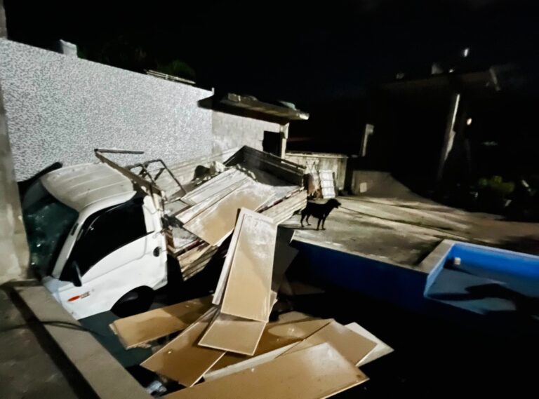 Caminhão invade sítio e cai em piscina na Grande BH - Foto: Divulgação/CBMMG