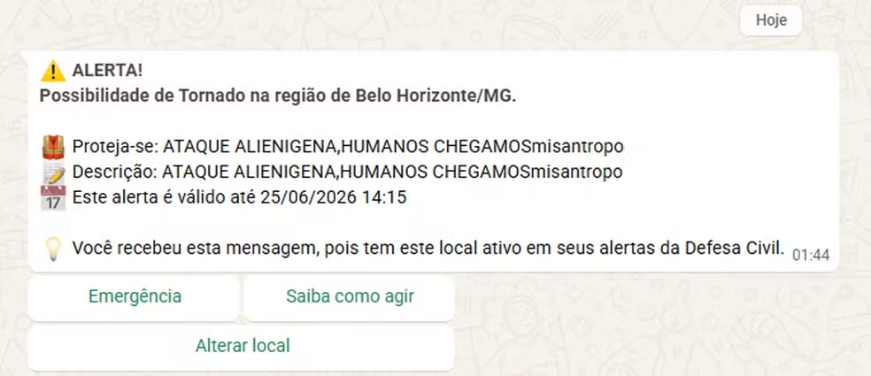 Moradores de BH recebem alerta falso de 'ataque alienígena' e 'misantropia' - Foto: Reprodução