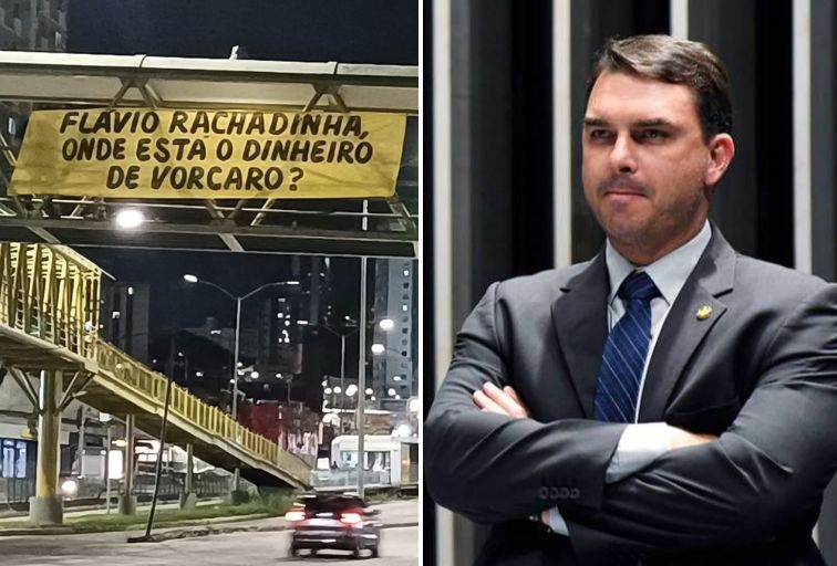 Manifestantes protestam contra homenagem a Flávio Bolsonaro na Câmara de BH Manifestantes protestam contra homenagem a Flávio Bolsonaro na Câmara de BH - Foto: Reprodução/Redes Sociais + Jefferson Rudy/Agência Senado