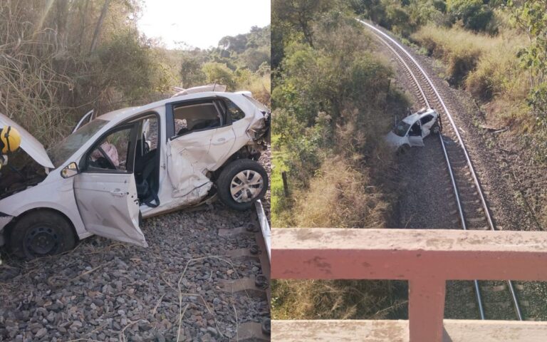Carro capota na BR-262 e cai sobre linha férrea; criança de 5 anos pede socorro CARRO CAPOTA CAI SOBRE LINHA FERREA