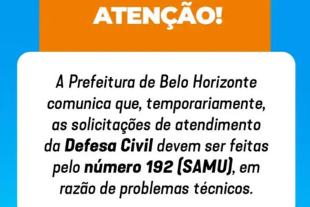 Com problemas técnicos, acionamento da Defesa Civil será feito através do número do Samu Com problemas técnicos, acionamento da Defesa Civil será feito através do número do Samu - Foto: Divulgação/PBH