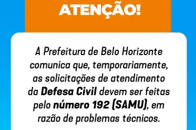 Com problemas técnicos, acionamento da Defesa Civil será feito através do número do Samu - Foto: Divulgação/PBH