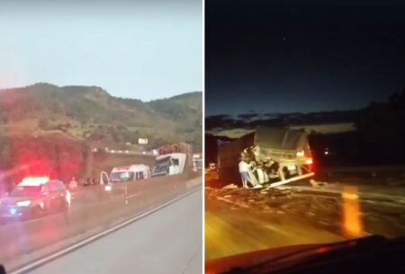 Criança fica ferida após acidente entre duas carretas na BR-381, em MG Criança fica ferida após acidente entre duas carretas na BR-381, em MG - Foto: Reprodução/Redes Sociais