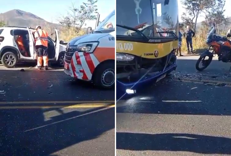 Acidente entre ônibus e carro deixa dois feridos graves na BR-381, em Sabará - Foto: Reprodução/Redes Sociais