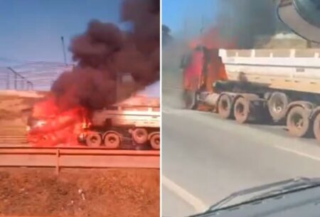 Carreta com minério pega fogo e motorista sofre queimaduras na Rodovia Fernão Dias, na Grande BH - Foto: Reprodução/Redes Sociais