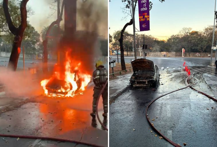 Incêndio destrói carro em frente ao Mineirinho, em BH Incêndio destrói carro em frente ao Mineirinho, em BH - Foto: Divulgação/CBMMG