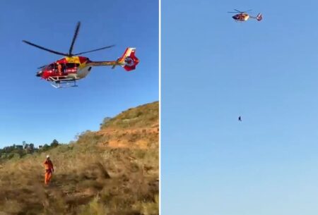 Mulher é resgatada de helicóptero após queda em cachoeira na Grande BH Mulher é resgatada de helicóptero após queda em cachoeira na Grande BH - Foto: Divulgação/CBMMG