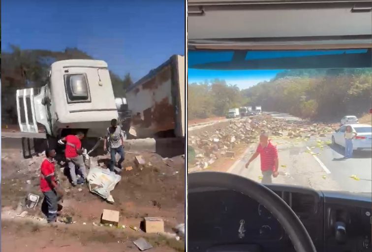 Carreta carregada com detergente tomba e interdita Fernão Dias em Brumadinho - Foto: Reprodução/Redes Sociais