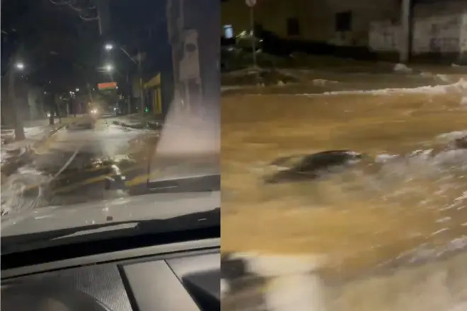 Adutora da Copasa rompe, provoca alagamento e abre cratera na Av. Barão Homem de Melo, em BH Adutora da Copasa rompe, provoca alagamento e abre cratera na Barão Homem de Melo, em BH - Foto: Reprodução