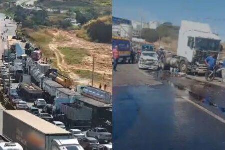 Engavetamento com caminhão, ônibus e carros interdita BR-381 em Betim - Foto: Reprodução