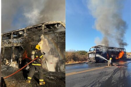Ônibus com 65 passageiros pega fogo em rodovia em MG - Foto: Divulgação / Corpo de Bombeiros