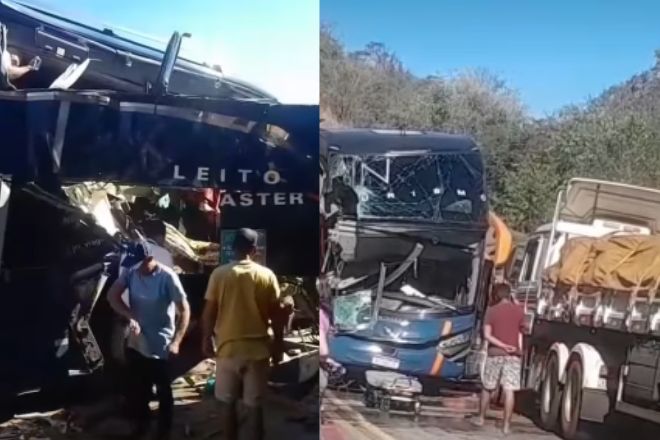 Acidente entre ônibus e caminhão deixa 2 mortos e 20 feridos na BR-259, em Governador Valadares Acidente entre ônibus e caminhão deixa 2 mortos e 20 feridos na BR-259, em Governador Valadares - Foto: Reprodução/Redes Sociais