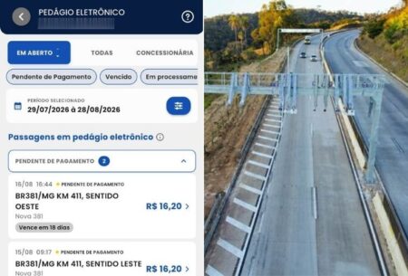 Pedágio eletrônico da BR-381 pode ser consultado pelo app CNH do Brasil; veja como funciona Pedágio eletrônico da BR-381 pode ser consultado pelo app CNH do Brasil; veja como funciona - Foto: Por Dentro de Minas + Divulgação/Nova 381