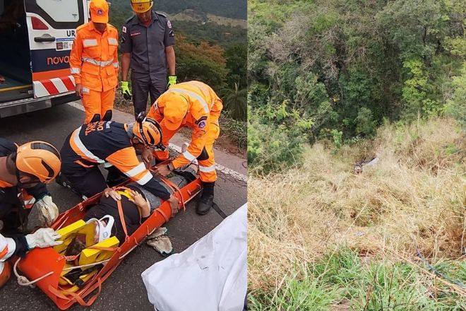 Carro capota com três pessoas despenca em ribanceira na BR-381, na Grande BH - Foto: Divulgação/Corpo de Bombeiros