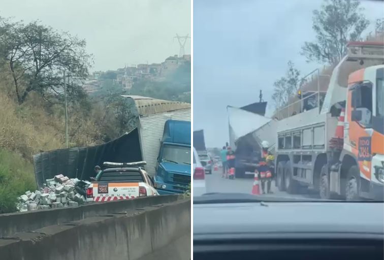 BR-381 é parcialmente interditada após tombamento de caminhão em BH - Foto: Reprodução/Redes Sociais