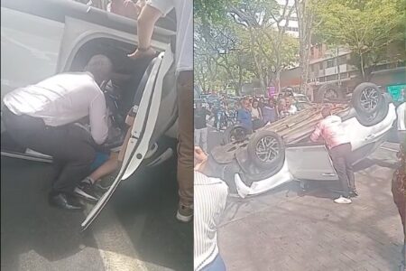 Carro capota na Praça da Savassi, em BH, e deixa uma pessoa ferida - Foto: Divulgação/Corpo de Bombeiros