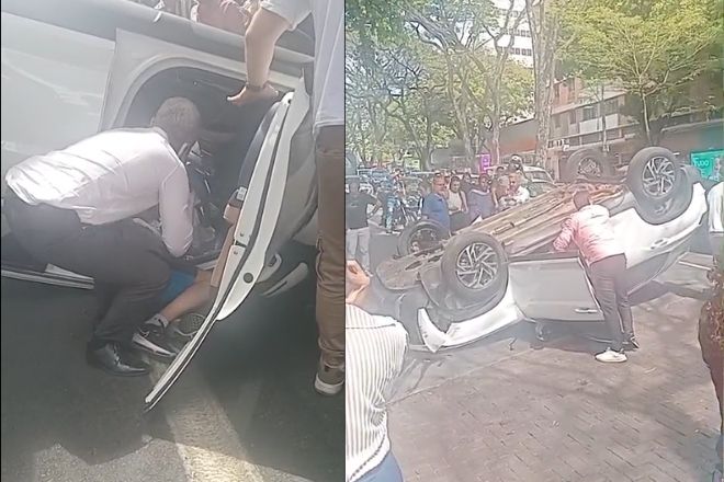 Carro capota na Praça da Savassi, em BH, e deixa uma pessoa ferida - Foto: Divulgação/Corpo de Bombeiros