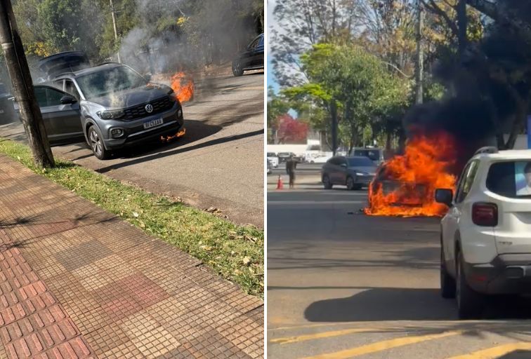 Carro é consumido por chamas e fica destruído em rua no bairro Belvedere, em BH - Foto: Reprodução/Redes Sociais