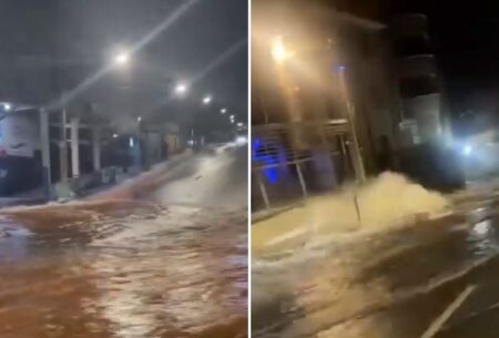 Tubulação da Copasa rompe, abre cratera e provoca forte enxurrada no Barreiro, em BH Tubulação da Copasa rompe, abre cratera e provoca forte enxurrada no Barreiro, em BH - Foto: Reprodução/Redes Sociais