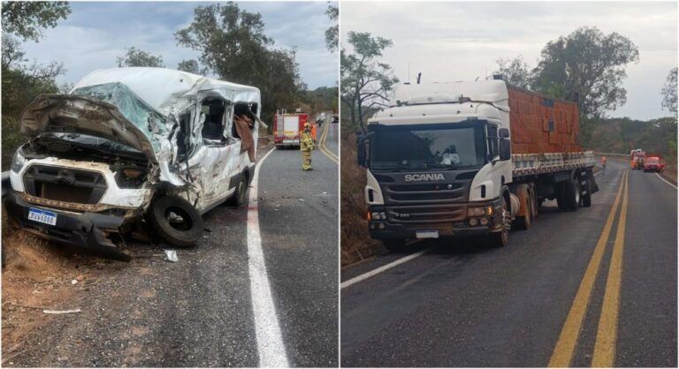 Acidente entre van da Prefeitura de Capelinha e carreta deixa dois mortos e oito feridos em MG - Foto: Divulgação/PMRv / CBMMG
