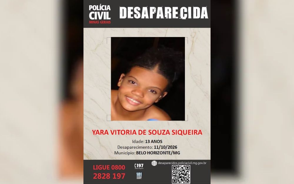 Polícia Civil procura adolescente de 13 anos desaparecida em Minas Gerais - Foto: Divulgação/Polícia Civil
