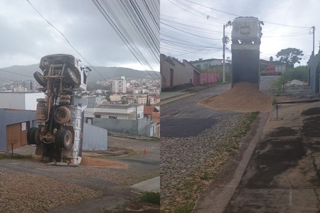 Caminhão carregado de areia tomba para trás durante subida em MG - Foto: Divulgação/Corpo de Bombeiros