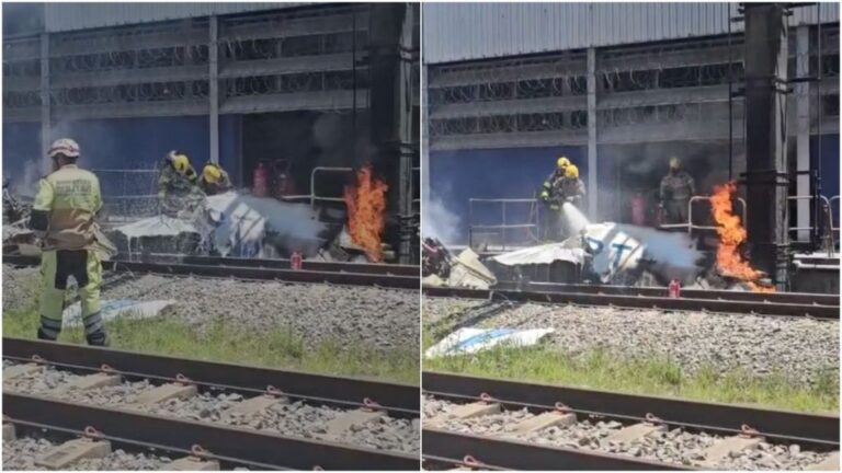 Queda de avião no pátio de manutenção não afeta circulação do metrô em BH - Foto: Reprodução/Corpo de Bombeiros