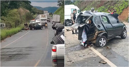 Dois funcionários de supermercado morrem em acidente entre carro e caminhões em MG Dois funcionários de supermercado morrem em acidente entre carro e caminhões em MG - Foto: Reprodução