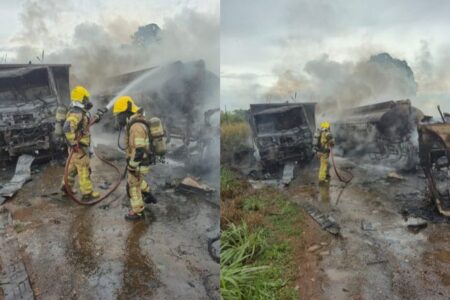 Caminhões batem e pegam fogo na BR-497, em Uberlândia; motoristas ficam feridos Caminhões batem e pegam fogo na BR-497, em Uberlândia; dois motoristas ficam feridos - Foto: Divulgação/Corpo de Bombeiros