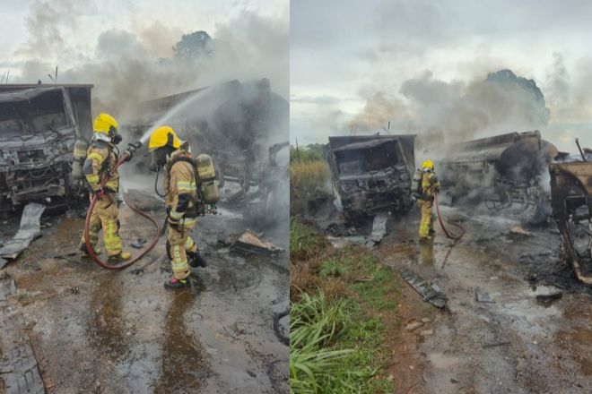 Caminhões batem e pegam fogo na BR-497, em Uberlândia; dois motoristas ficam feridos - Foto: Divulgação/Corpo de Bombeiros