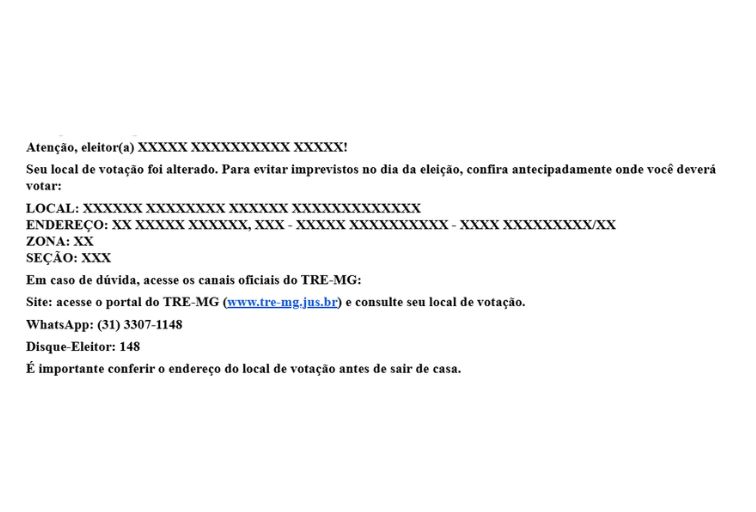 Recebeu mensagem do TRE-MG no WhatsApp? Seu local de votação pode ter mudado 1 Recebeu mensagem do TRE-MG no WhatsApp? Seu local de votação pode ter mudado - Foto: Divulgação/TRE-MG