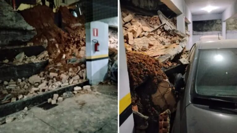 Queda de muro atinge dois veículos em condomínio de BH Queda de muro atinge dois veículos em condomínio de BH - Foto: Reprodução